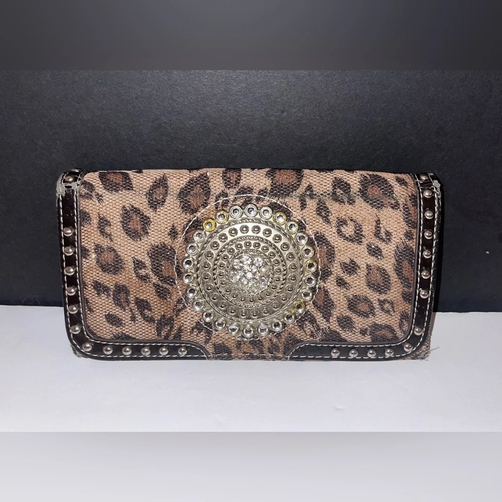 Leopard Print Rhinestone Medallion Women's Wallet - Brown - Picture 1 of 7